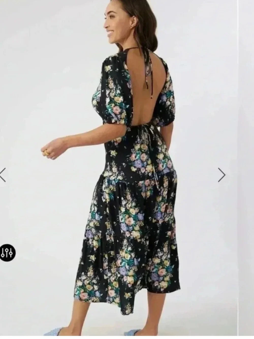 O'Neill NWT Alta Dress Floral Short Puff Sleeve Open Back Tiered Midi Black S